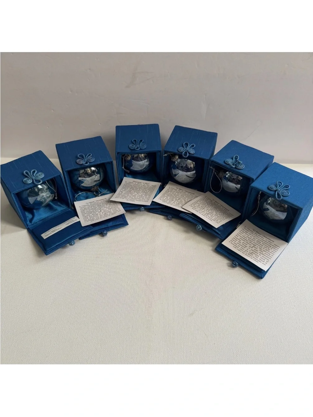 Vintage 2009 Pier 1 Li Bien Doves Blue Glass Christmas Ball Ornament Lot of 6
